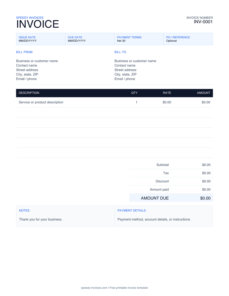 Preview of a blank printable invoice template
